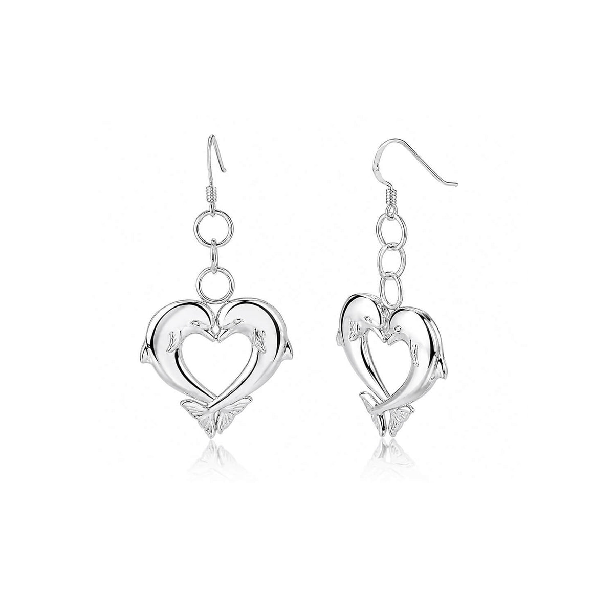 Pair of silver heart-shaped dolphin earrings on a white background