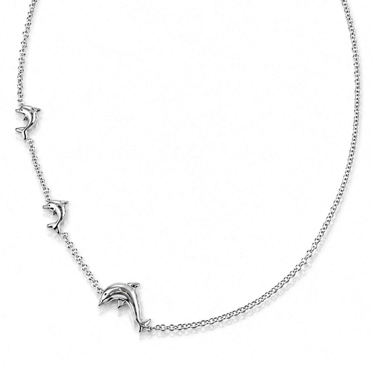Silver necklace with dolphin charms on a white background
