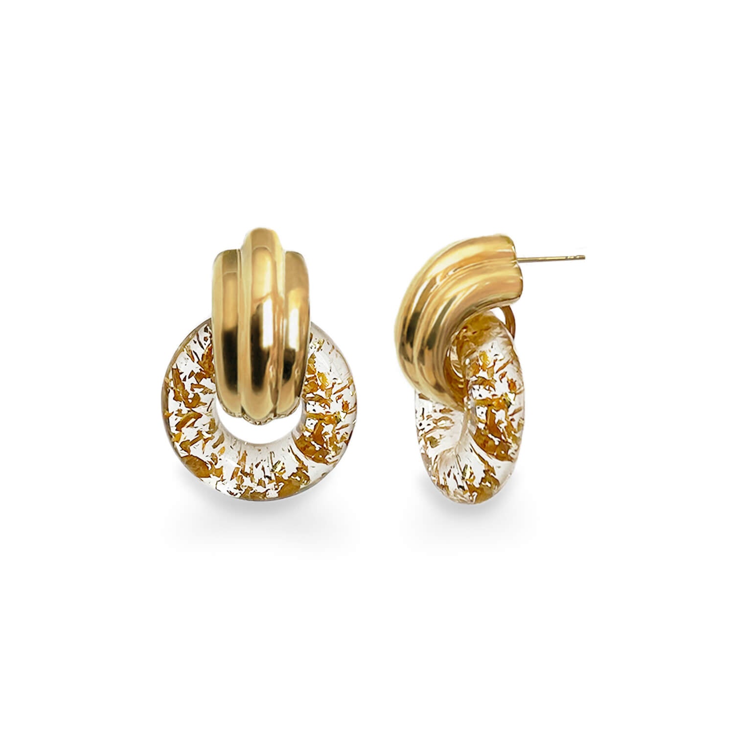classic gold door knocker earrings in clear lucite with 24k gold leaf flakes