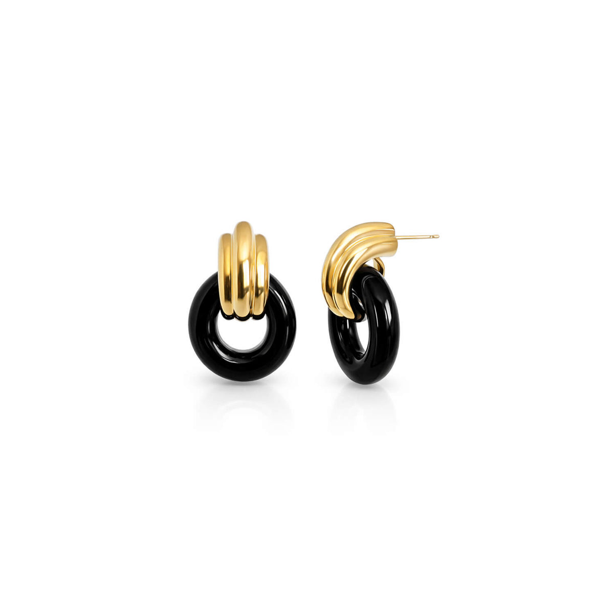 Gold and black hoop earrings on a white background
