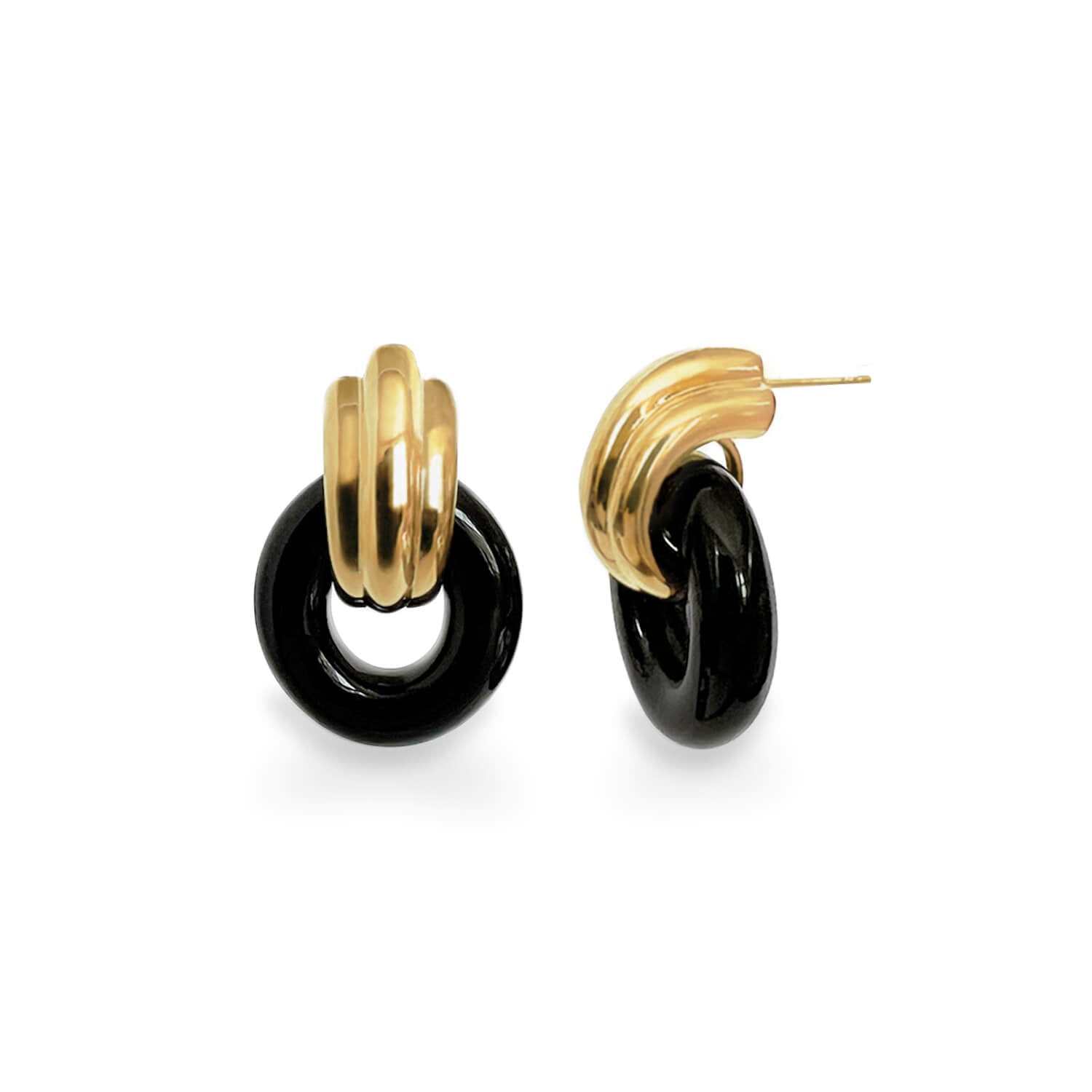 classic gold door knocker earrings in black lucite