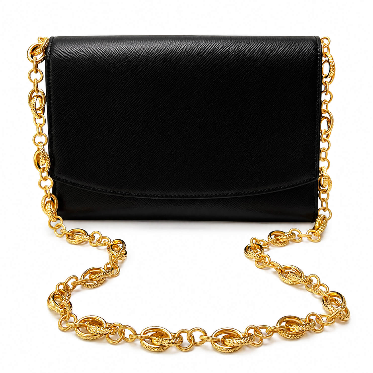 36" DOUBLE DC LINK CHAIN IN GOLD ON A BLACK BAG