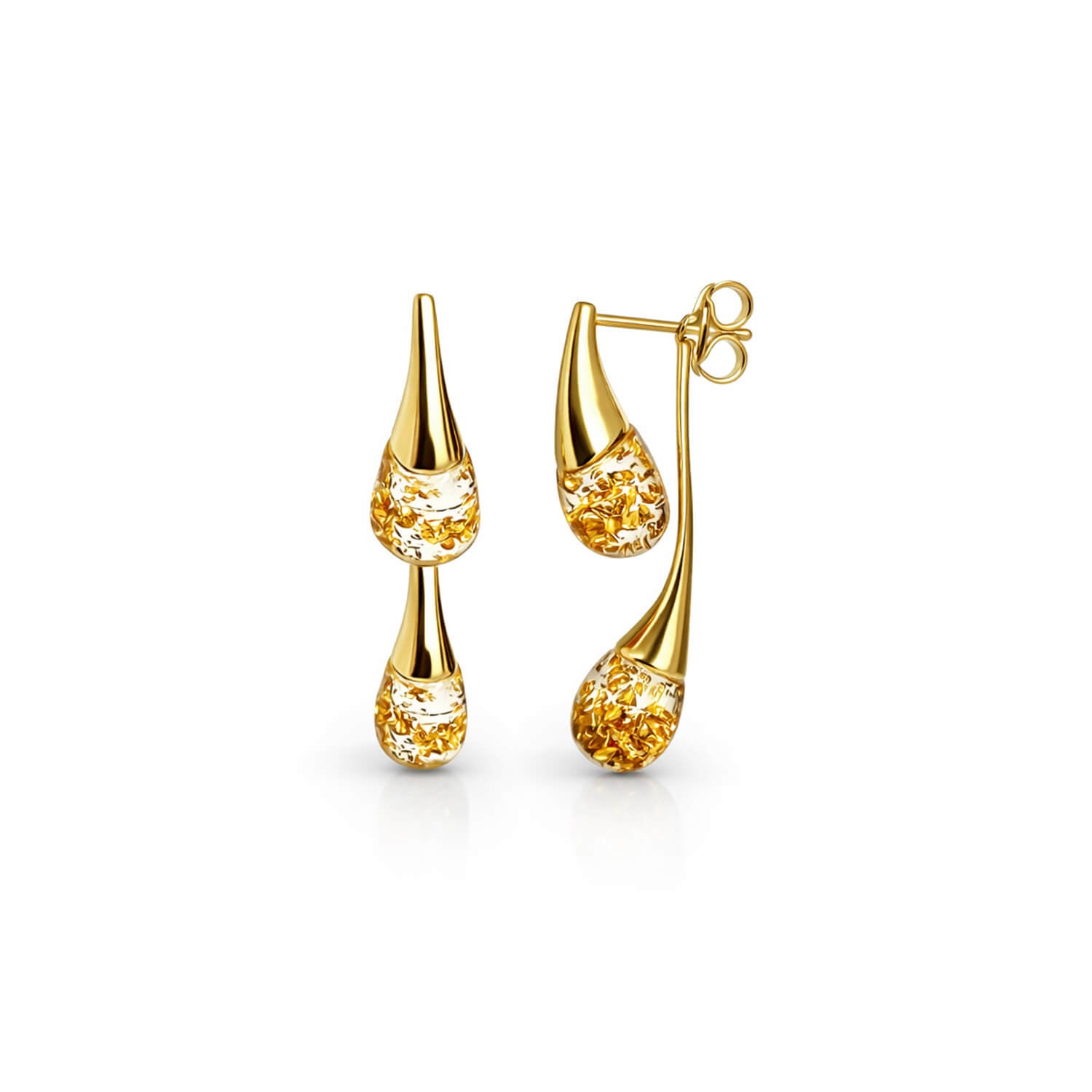 Gold earrings with teardrop design on a white background