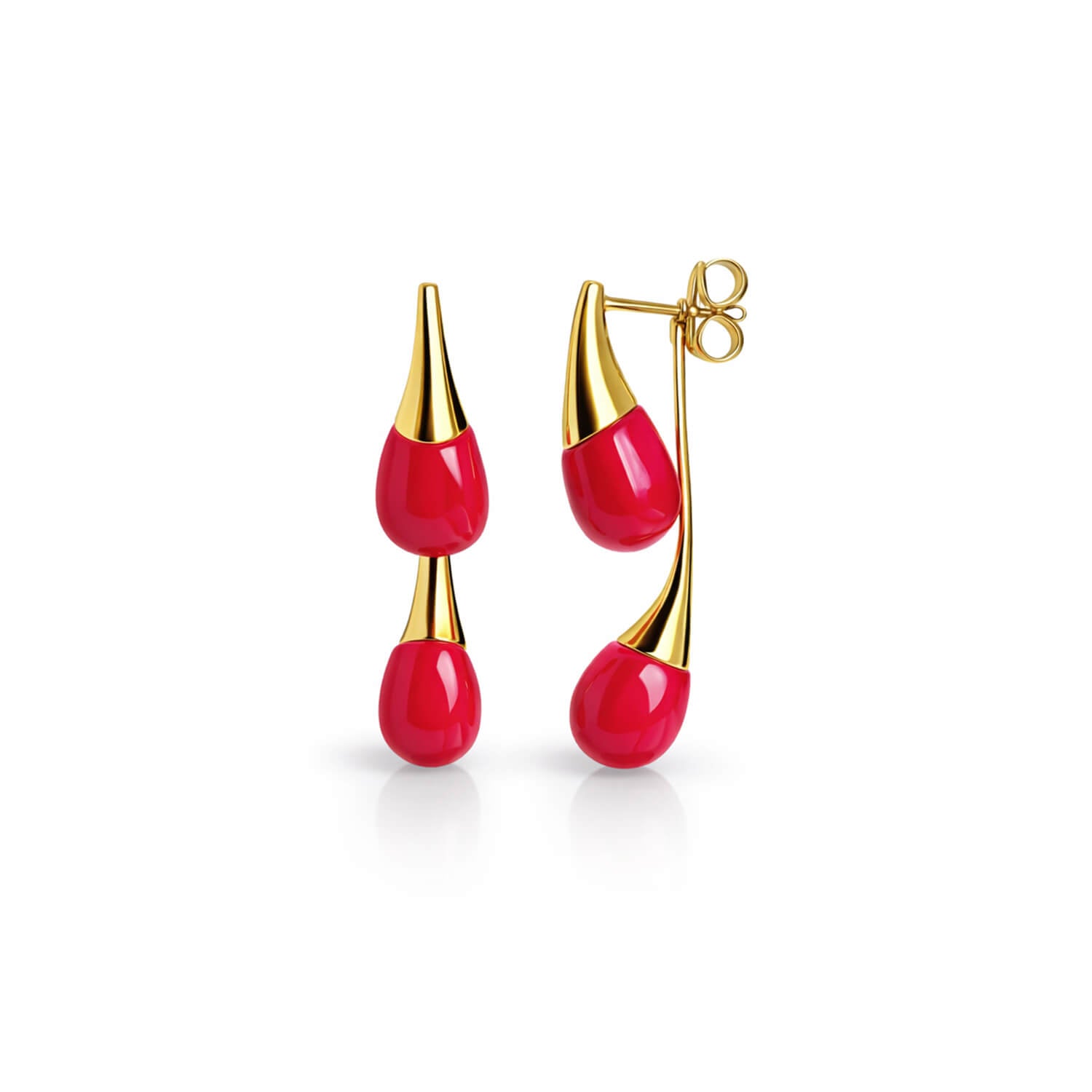 pink earrings with gold accents on a white background
