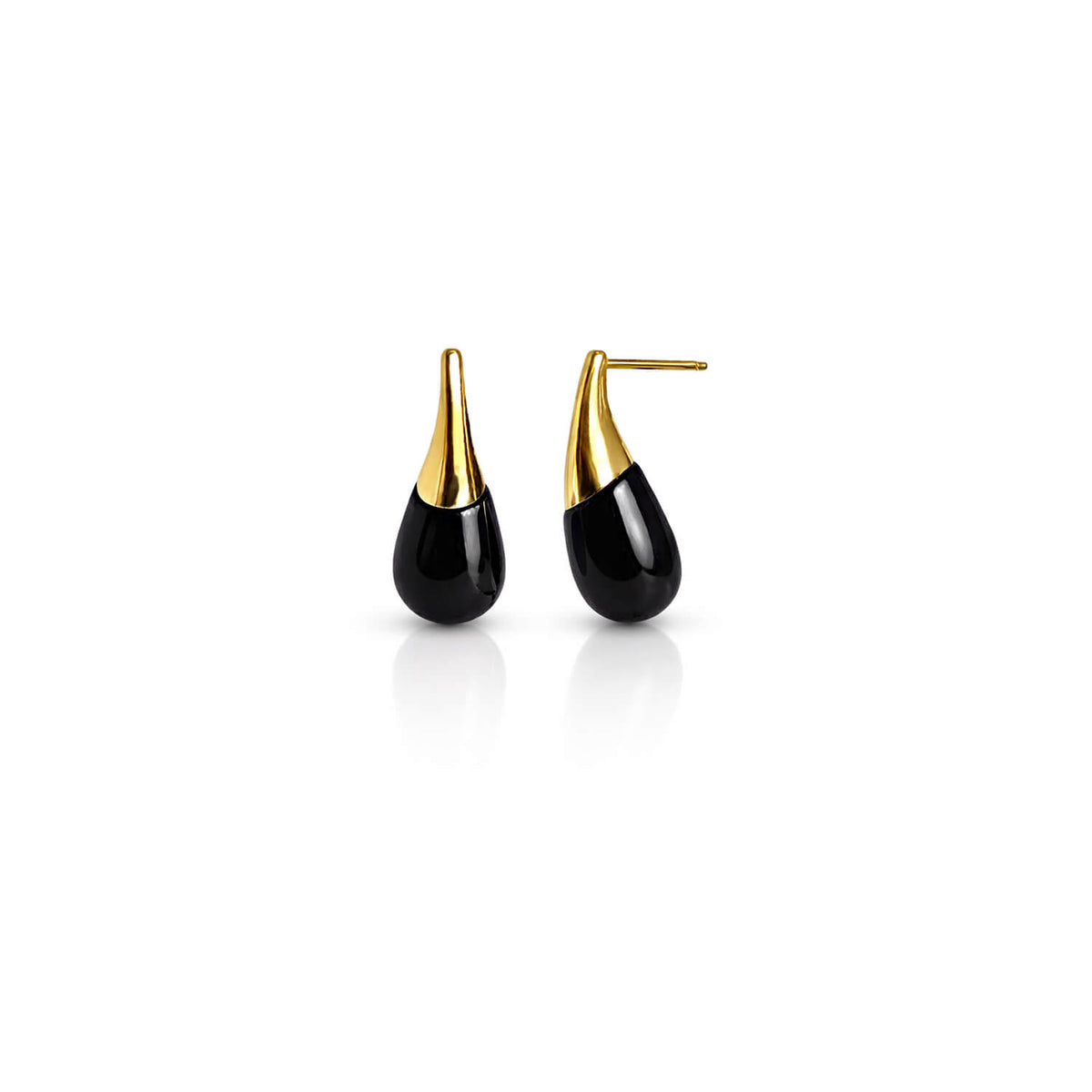 Pair of black teardrop earrings with gold tops on a white background