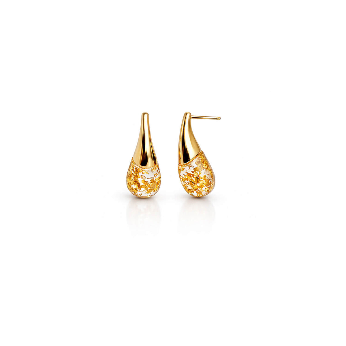 Gold teardrop earrings on a white background