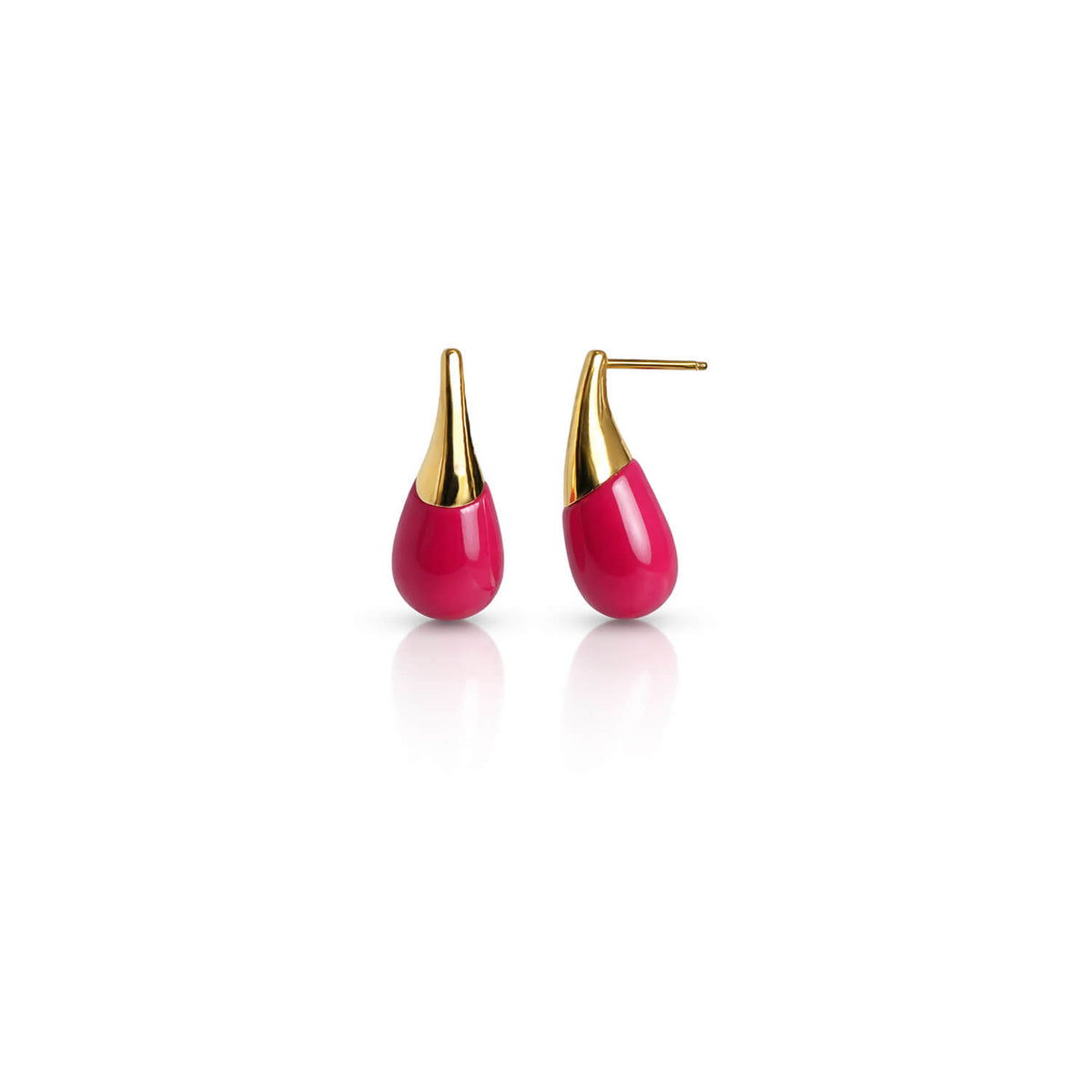 Pair of pink earrings with gold tops on a white background