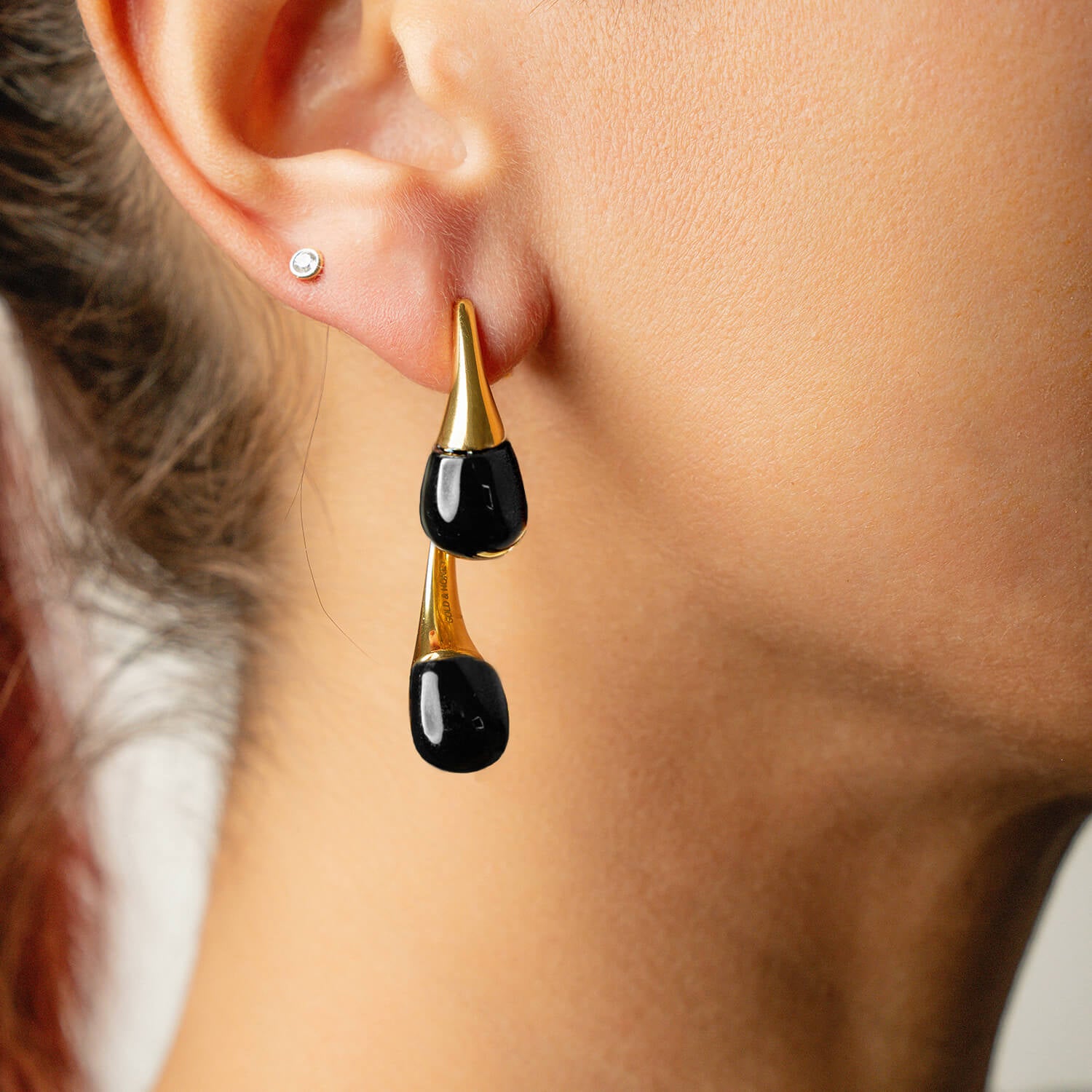 interchangeable double drop gold and black earrings