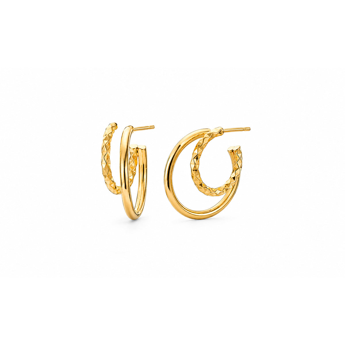 A pair of gold hoop earrings with textured twisted details, shown on a clean white background.