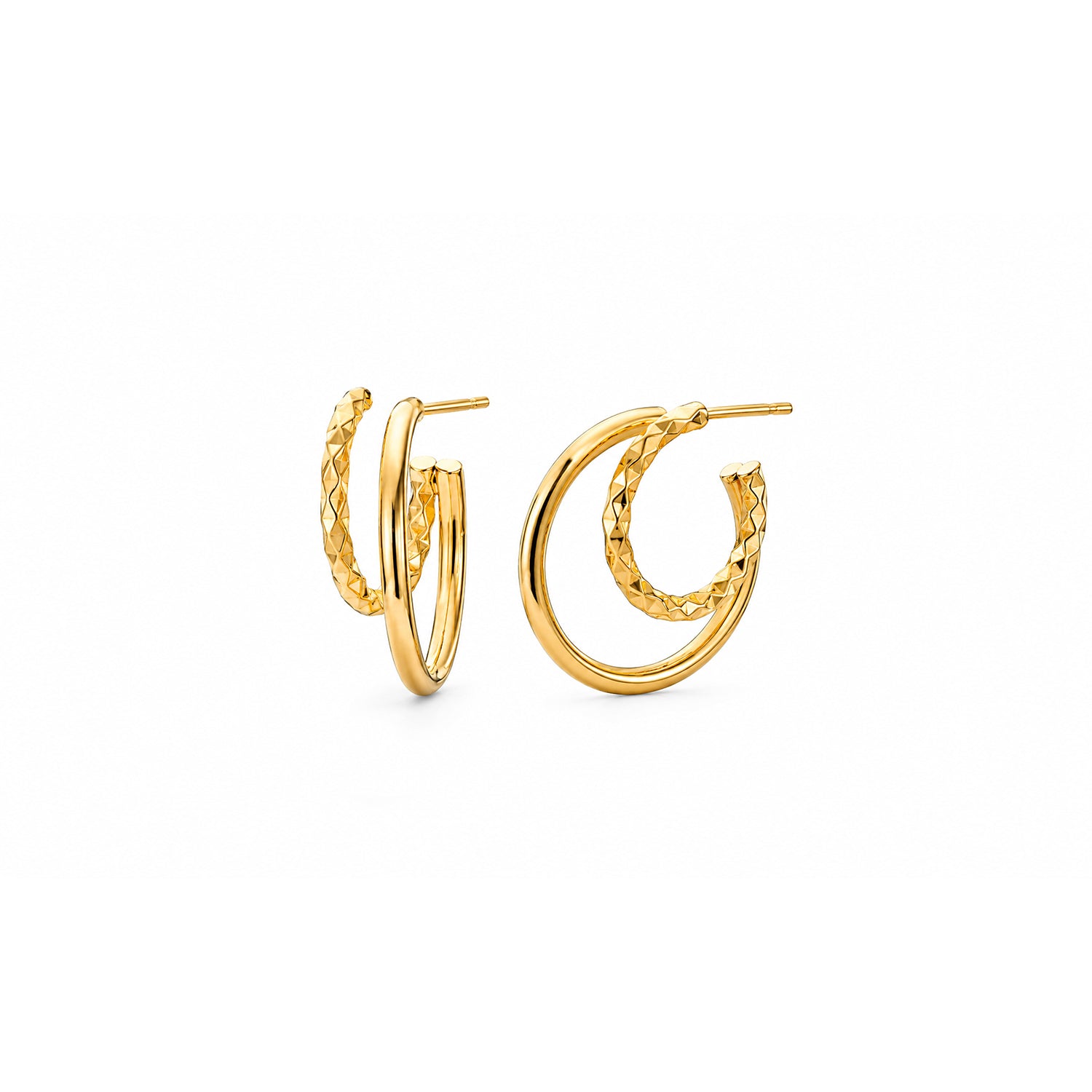 A pair of gold hoop earrings with textured twisted details, shown on a clean white background.