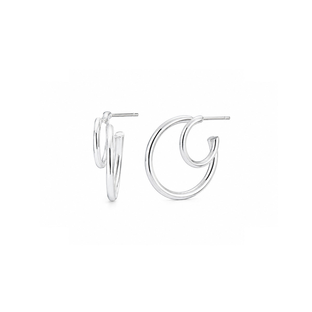 A pair of polished silver hoop earrings with a modern, open design, shown against a plain white background.