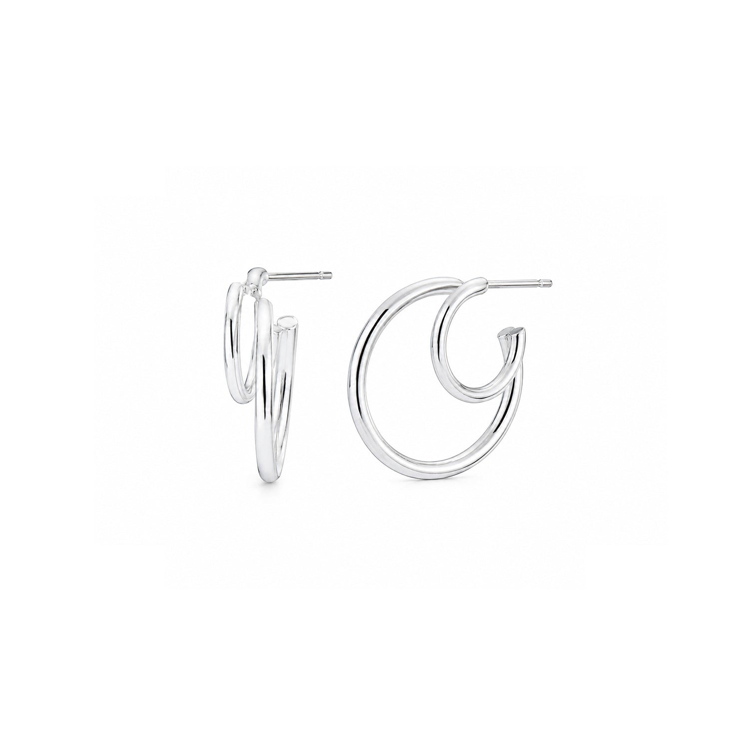 A pair of polished silver hoop earrings with a modern, open design, shown against a plain white background.