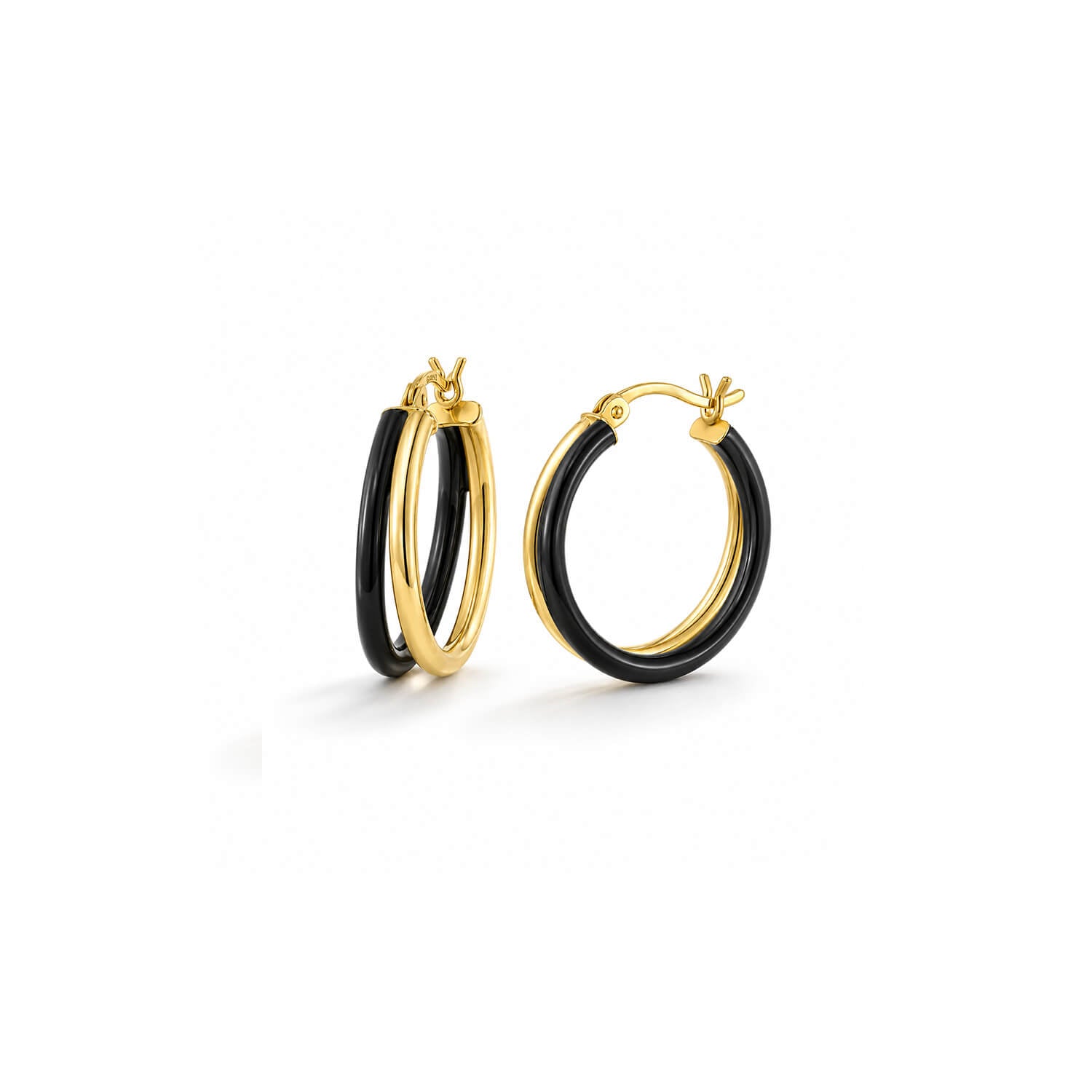 A pair of gold and black hoop earrings shown on a clean white background. One earring is shown from the side, displaying both the polished gold metal and the black inlay, while the other is shown from the front.