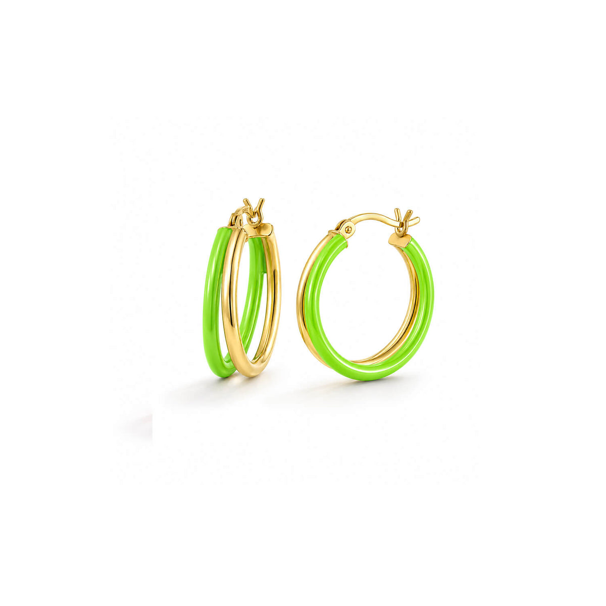 A pair of gold hoop earrings with a vibrant lime green enamel inlay, displayed on a clean white background.