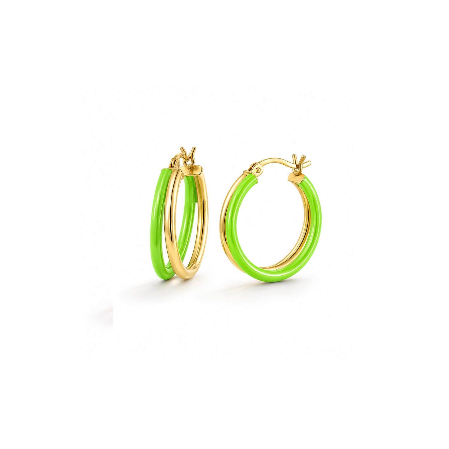 A pair of gold hoop earrings with a vibrant lime green enamel inlay, displayed on a clean white background.