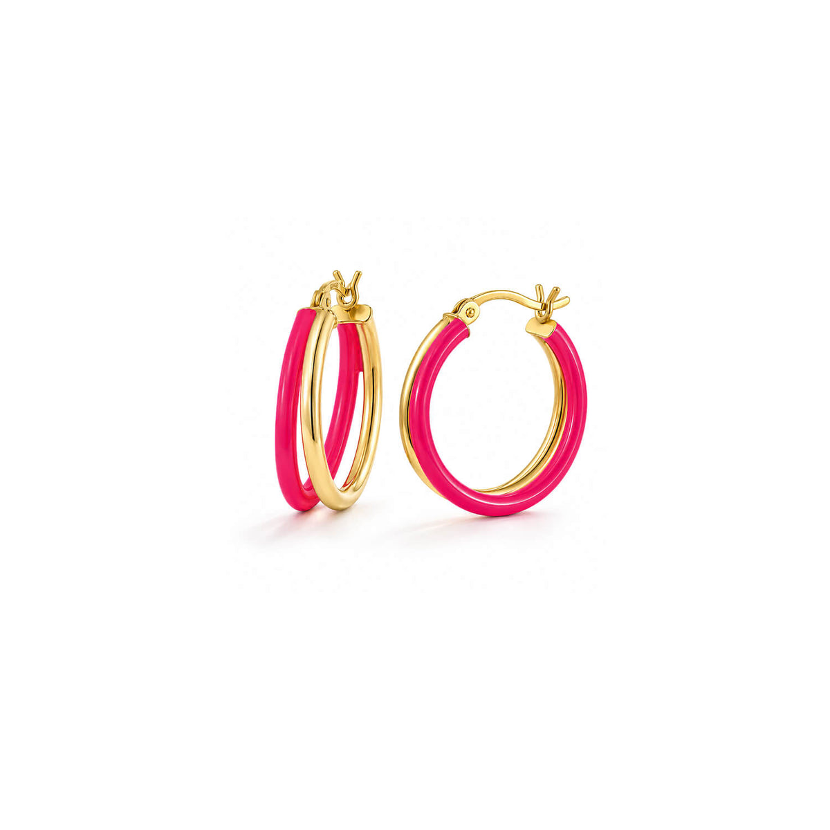 A pair of gold hoop earrings with a vibrant hot pink enamel inlay, shown on a clean white background.