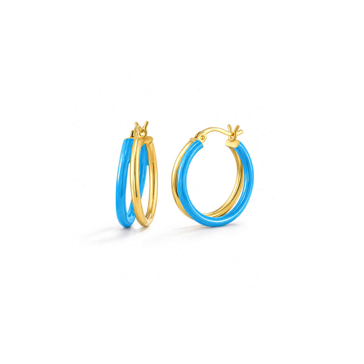 A pair of gold hoop earrings with a bright blue enamel inlay, shown on a clean white background.