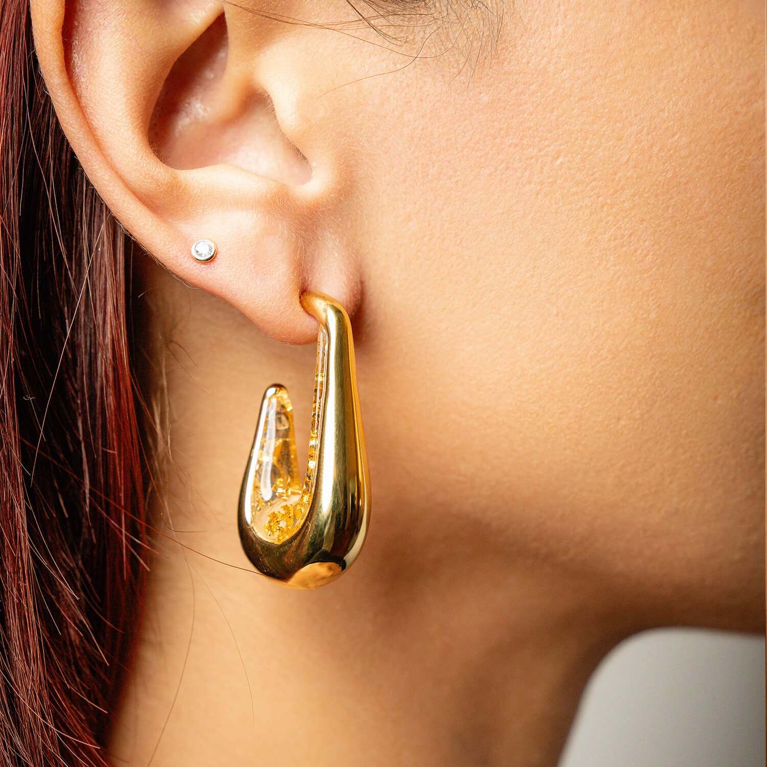 chunky drop hoop earrings with 24K gold leaf flakes and clear lucite