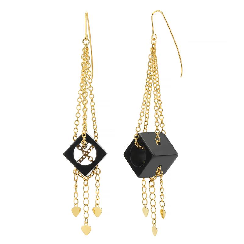 Gold chain earrings with black geometric pendants on a white background
