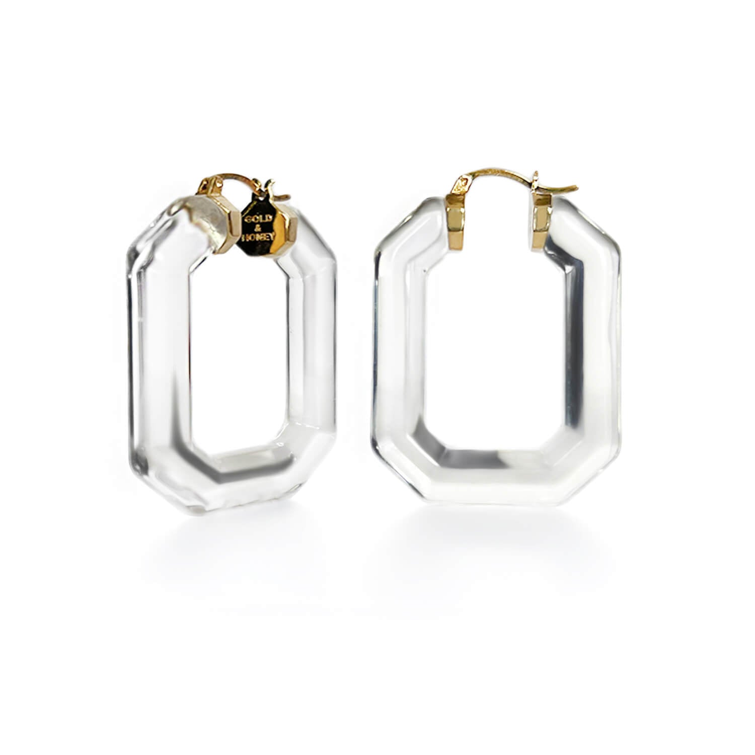 clear crystal emerald gem cut 24k gold leaf hoop earrings