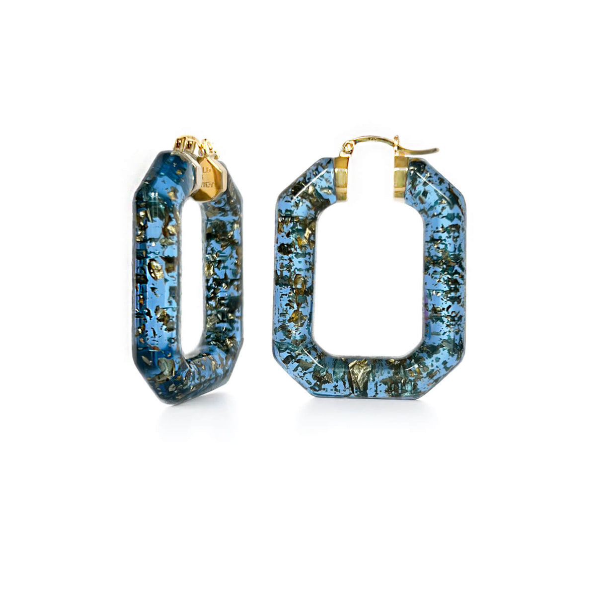 emerald gem cut blue 24k gold leaf hoop earrings