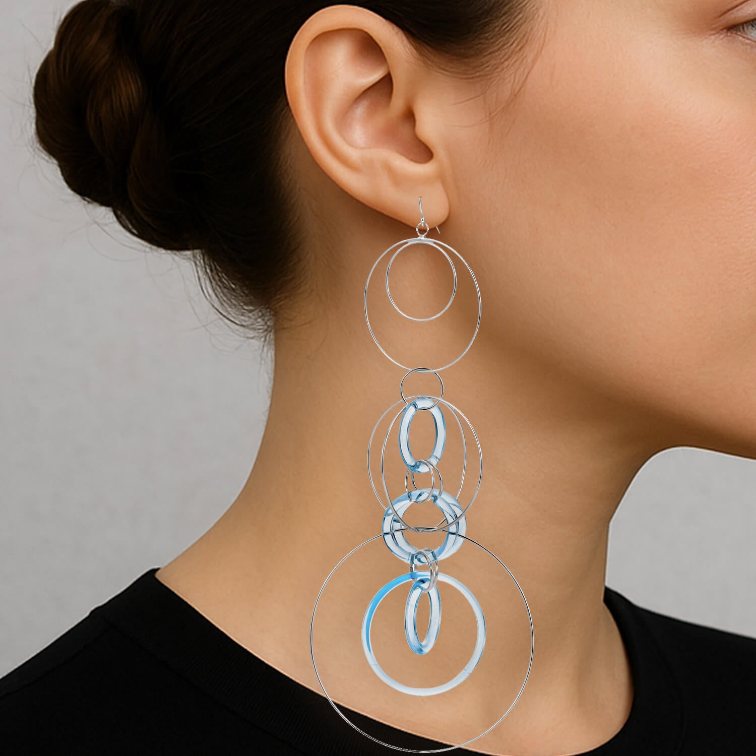 Blue Lucite and Silver Extra Long Drop Earrings