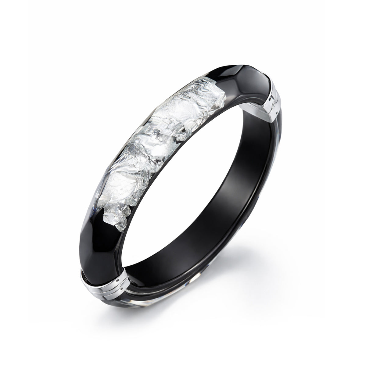 Thin Silver Leaf Faceted Lucite Hinge Bangle