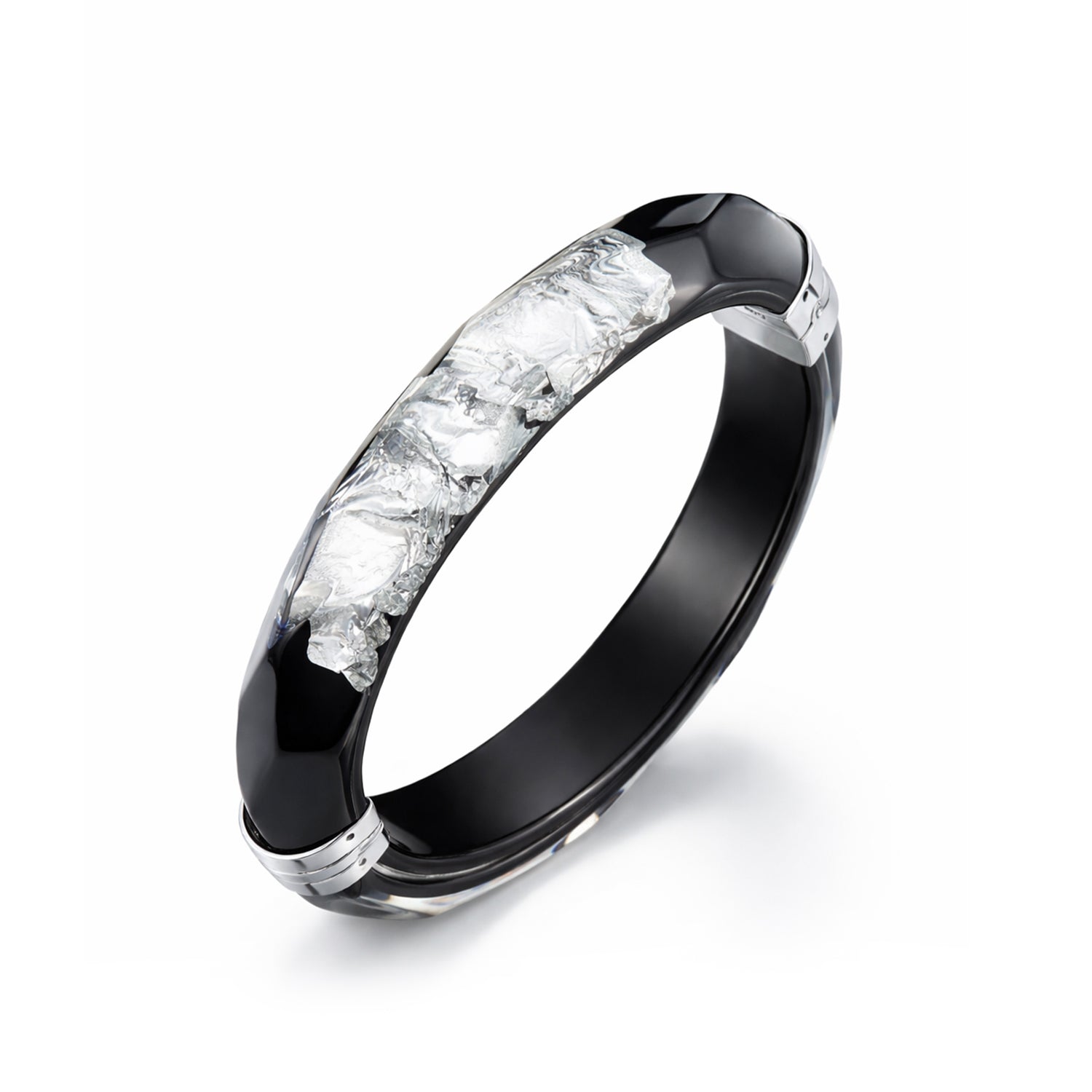 Thin Silver Leaf Faceted Lucite Hinge Bangle