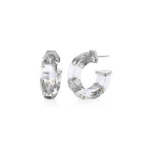 faceted huggies with silver leaf in crystal clear lucite