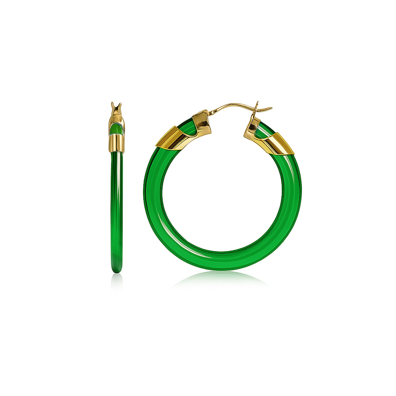 Green hoop earrings with gold accents on a white background