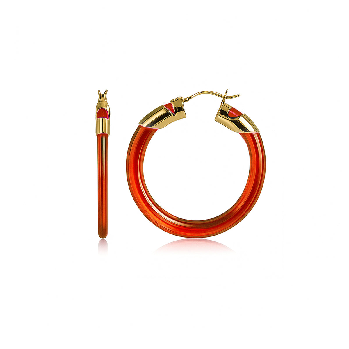 Hoop earrings with gold accents and red-orange bands on a white background