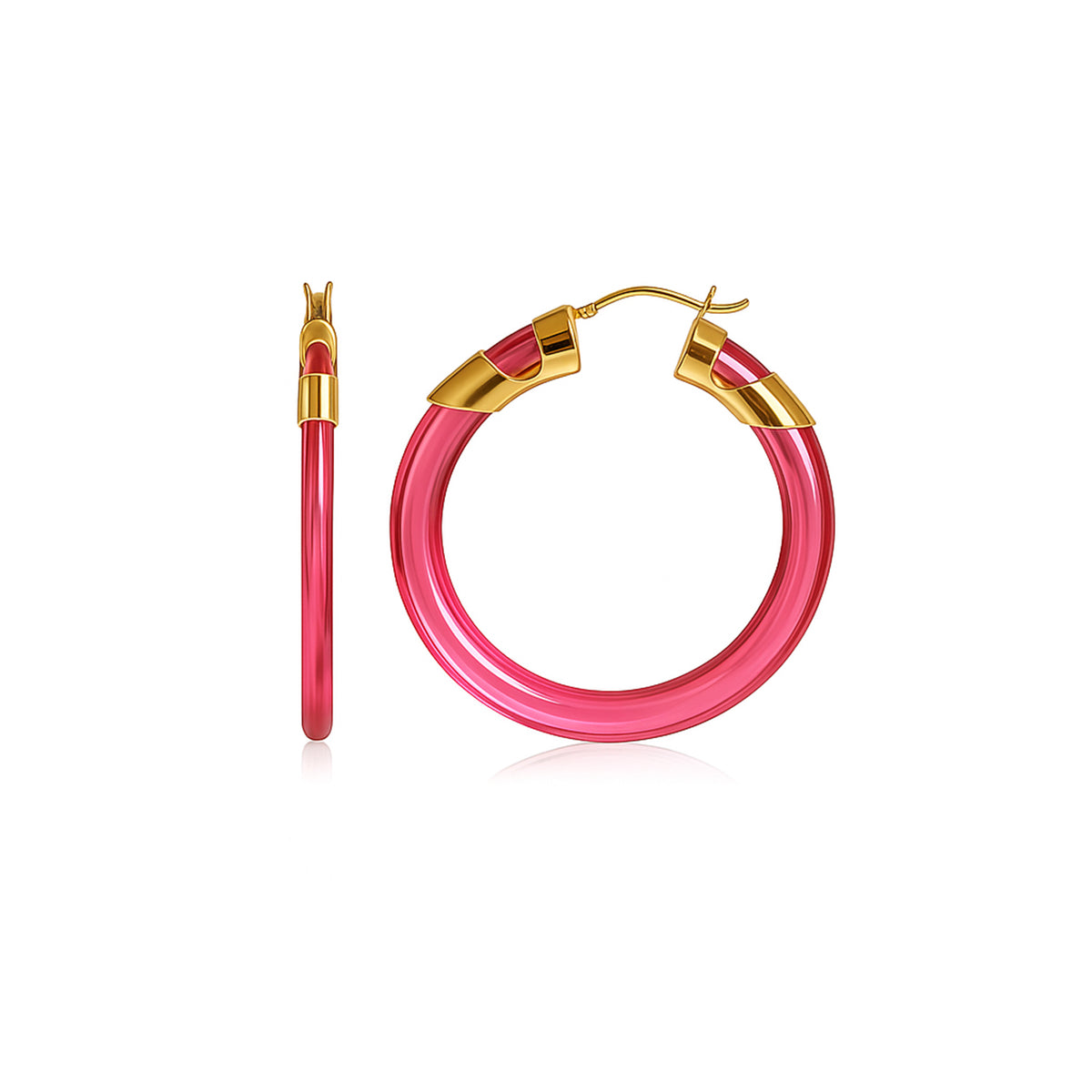 Pink hoop earrings with gold accents on a white background