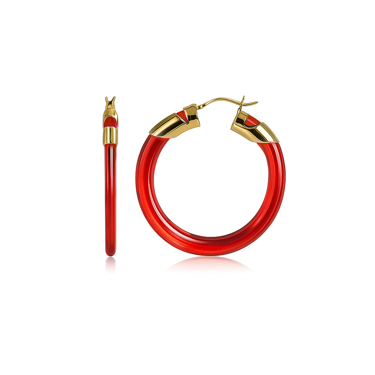Red hoop earrings with gold accents on a white background