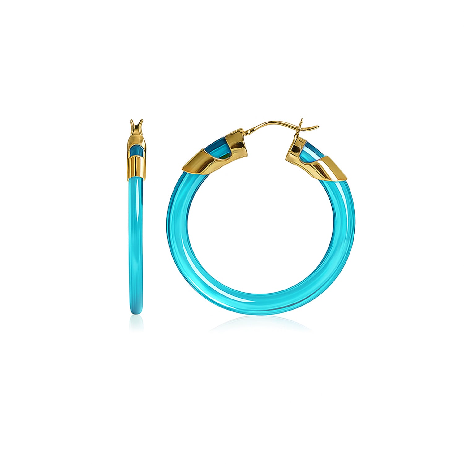 Turquoise hoop earrings with gold accents on a white background