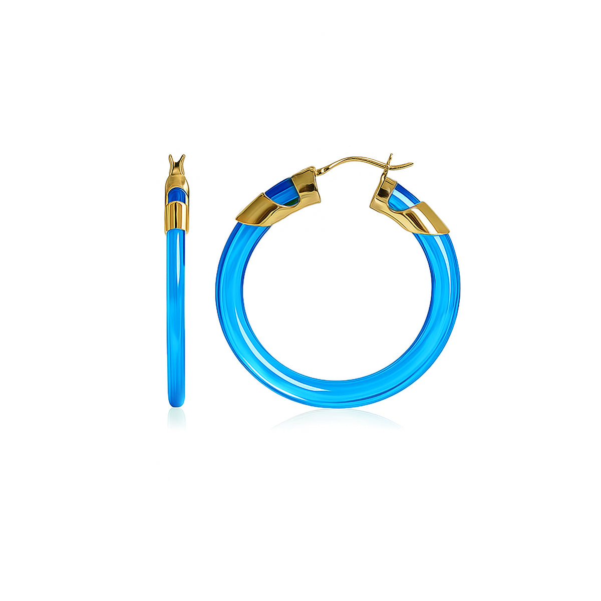 Blue hoop earrings with gold accents on a white background