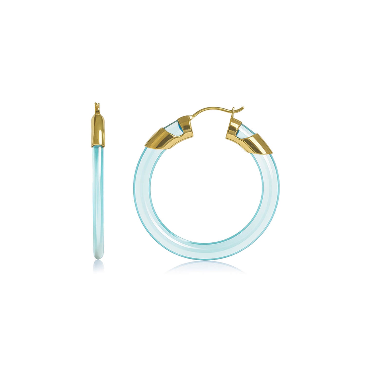 Gold hoop earrings with light blue accents on a white background