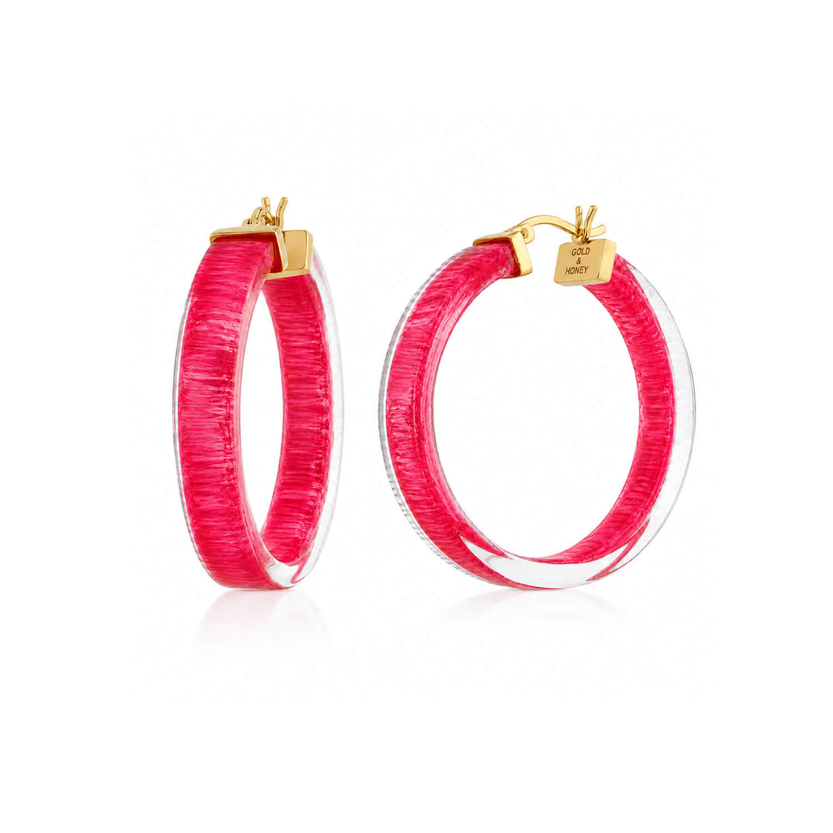 pink textured hoop earrings with gold posts