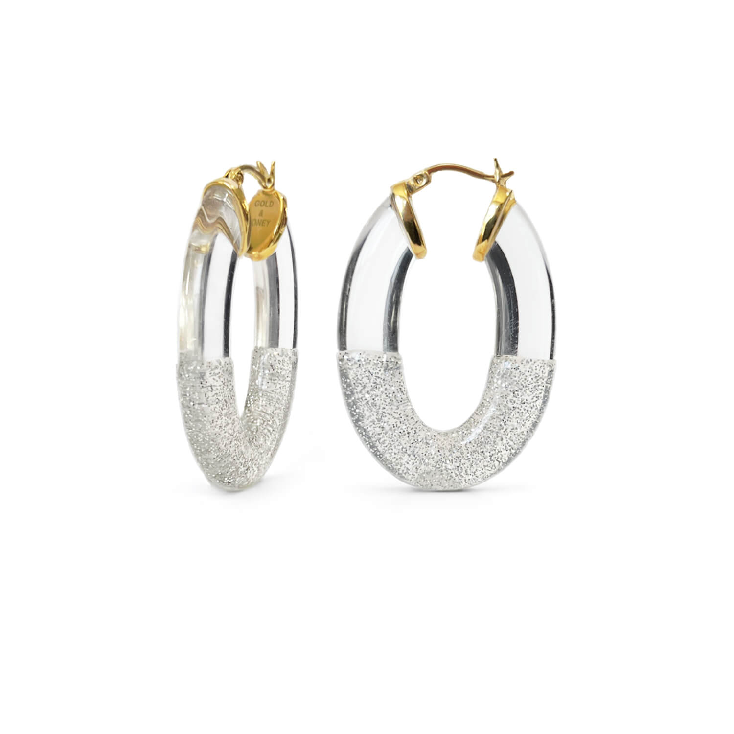 flat oval hoop earrings in clear and silver glitter