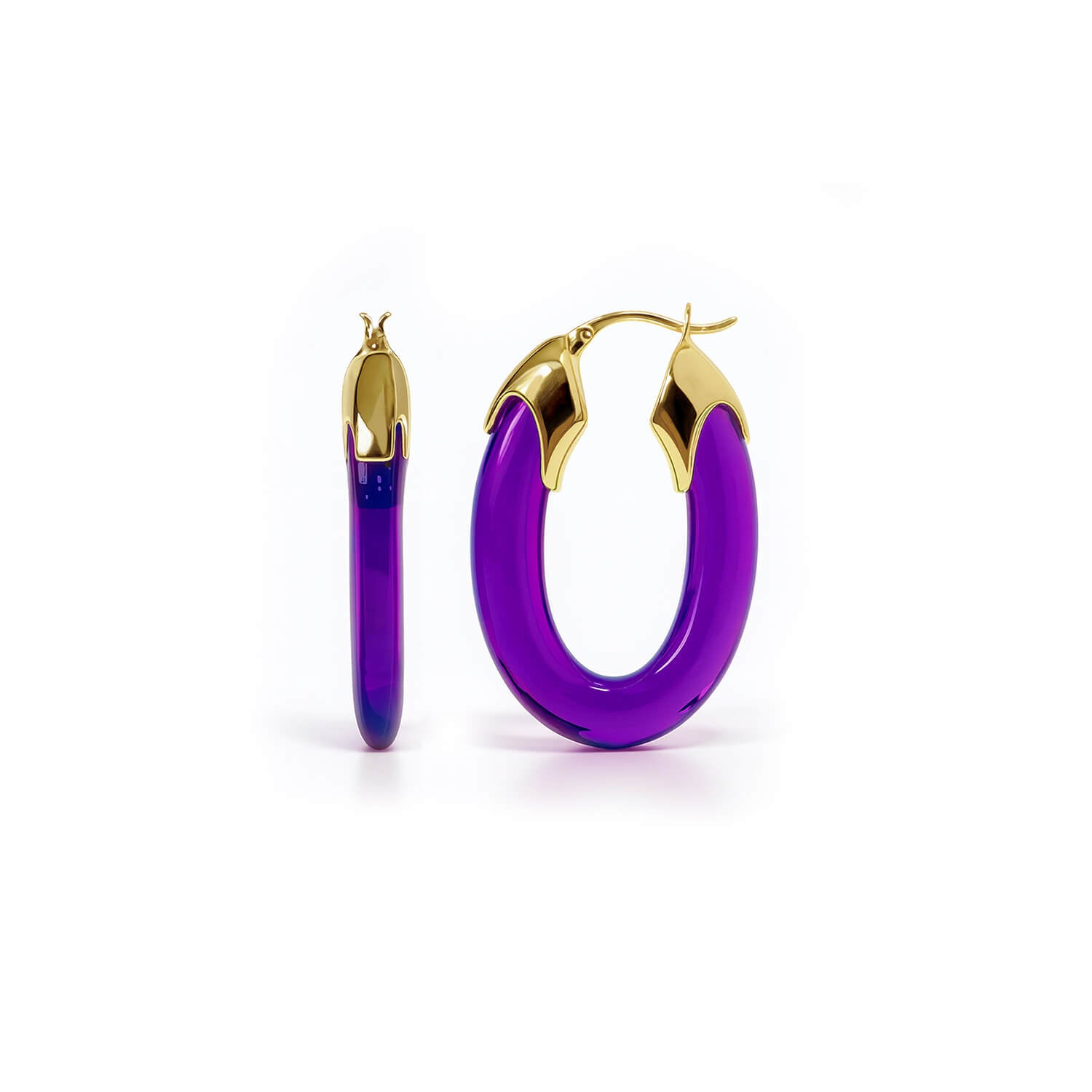 Purple hoop earrings with gold accents on a white background