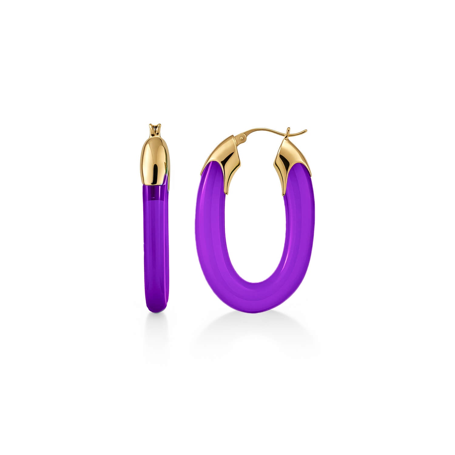 Carved Oval Lucite Birthstone Hoop Earrings in Amethyst Purple