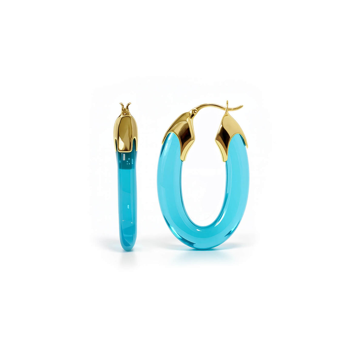 Gold hoop earrings with turquoise blue circular stones on a white background