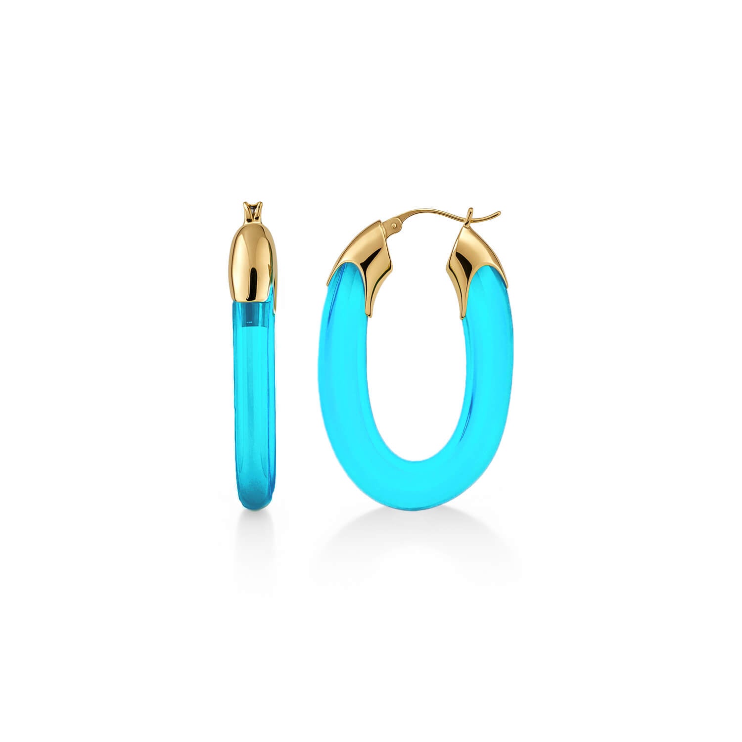 Carved Oval Lucite Birthstone Hoop Earrings in Aquamarine Blue