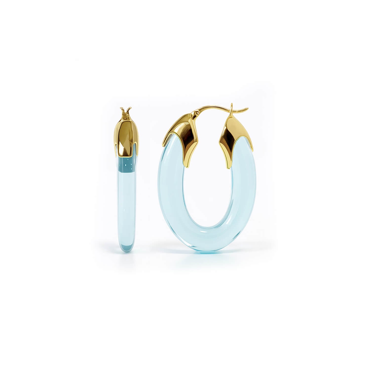 Gold and light blue hoop earrings on a white background