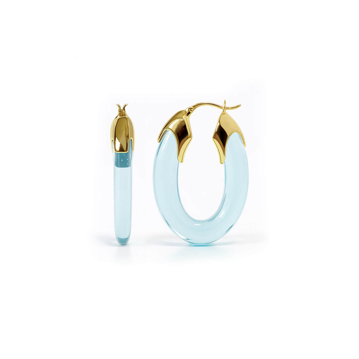 Gold and light blue hoop earrings on a white background