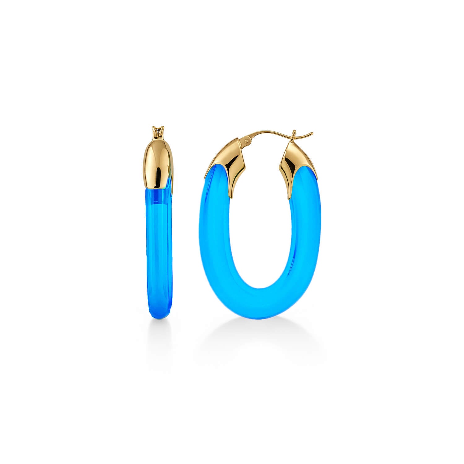 Carved Oval Lucite Birthstone Hoop Earrings in Blue Topaz