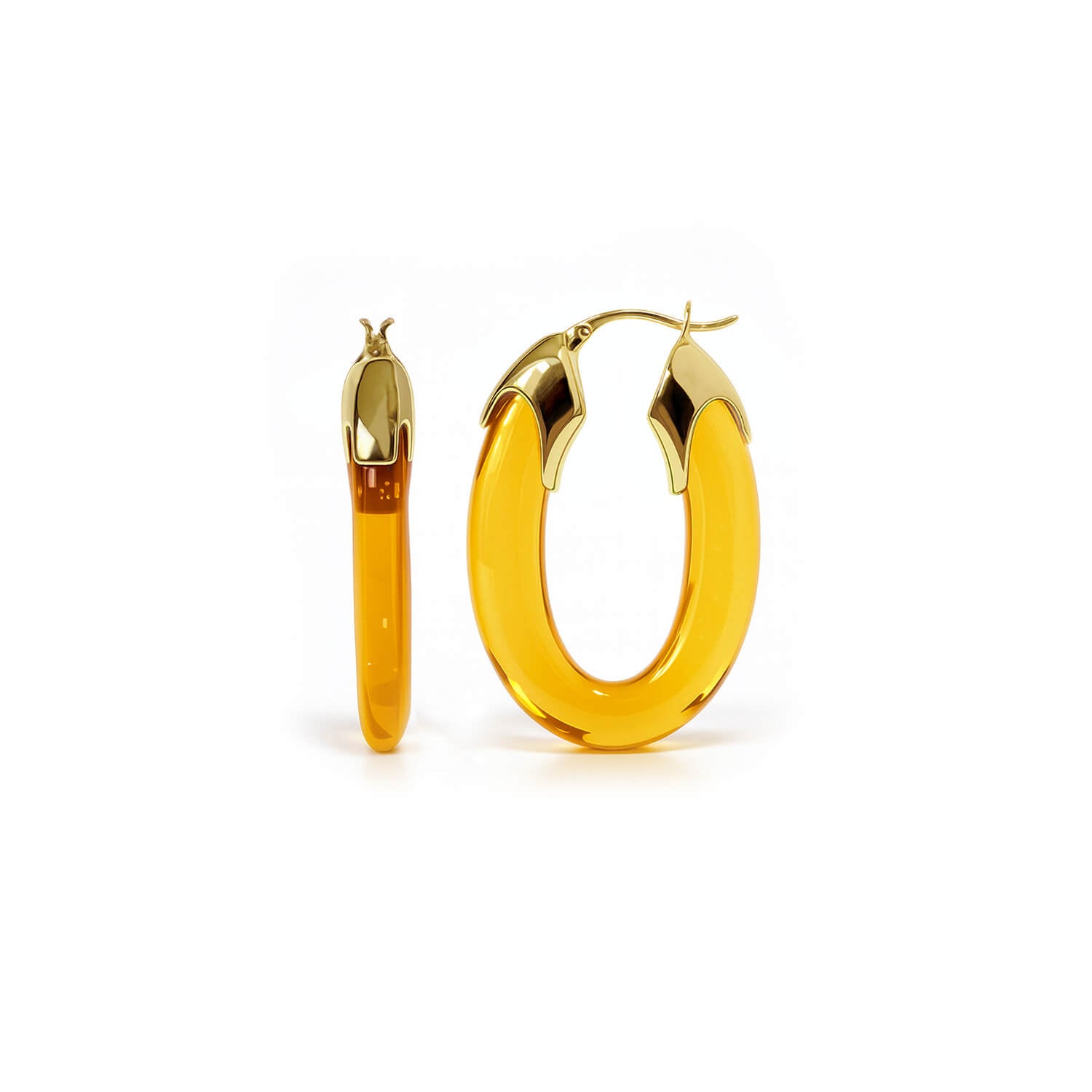 Gold hoop earrings with a yellow gradient on a white background