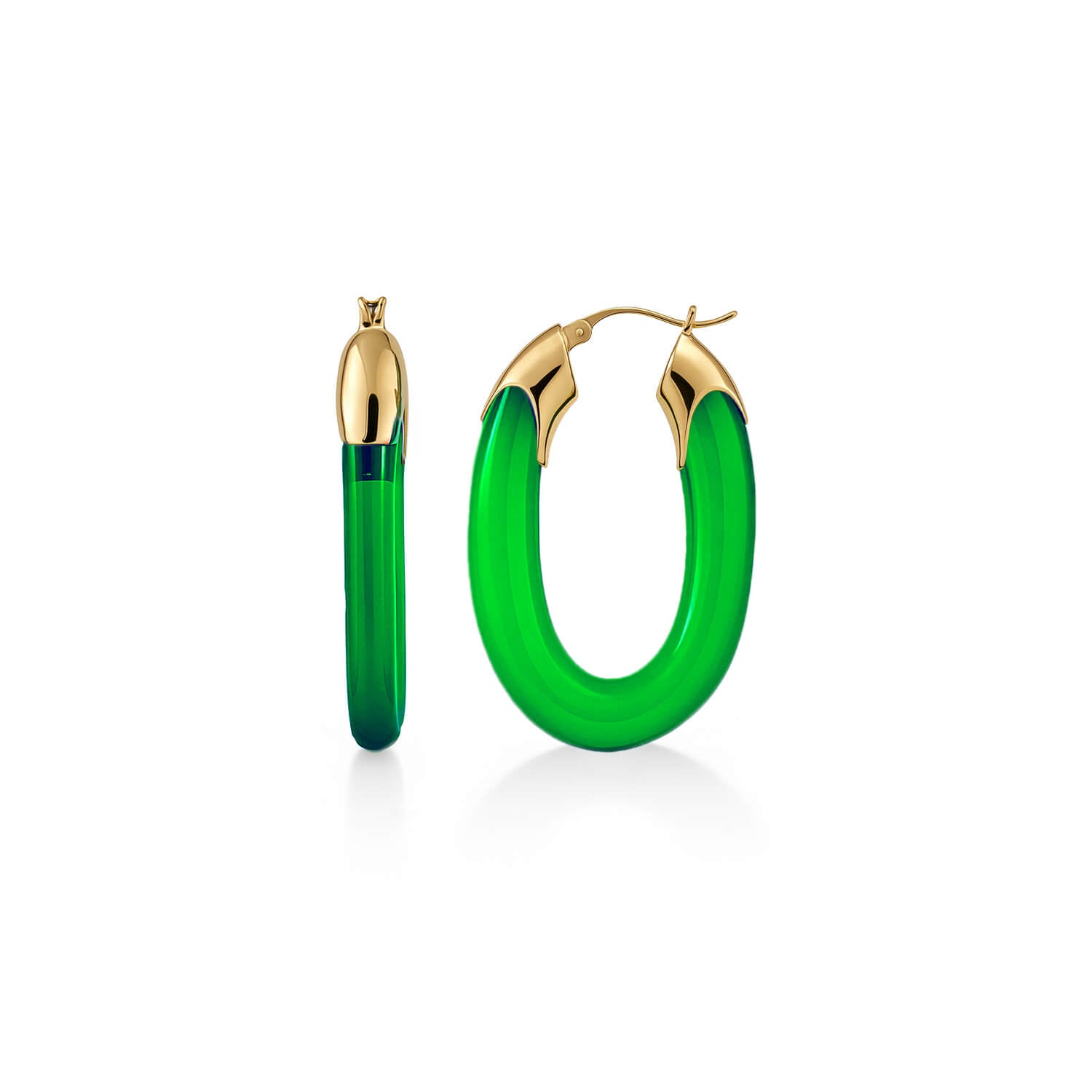 Carved Oval Lucite Birthstone Hoop Earrings in Emerald Green
