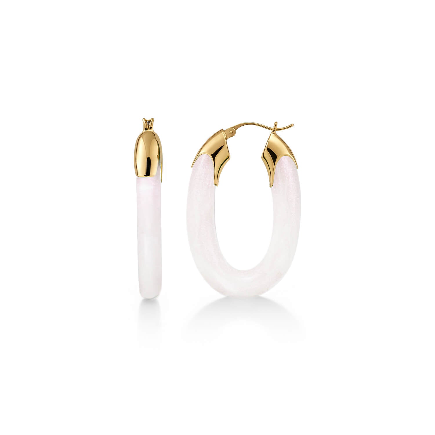 Carved Oval Lucite Birthstone Hoop Earrings in Pearl White
