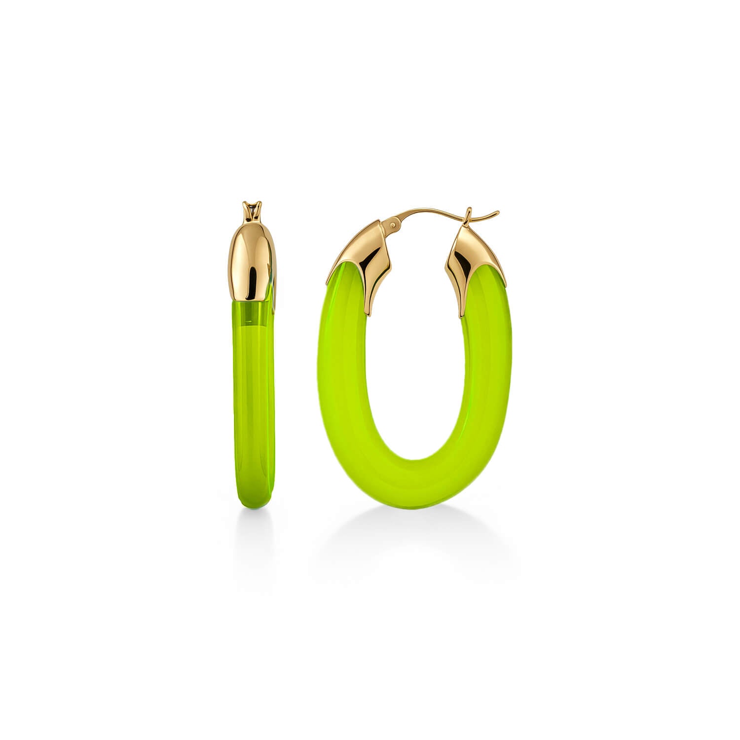 Carved Oval Lucite Birthstone Hoop Earrings in Peridot Green