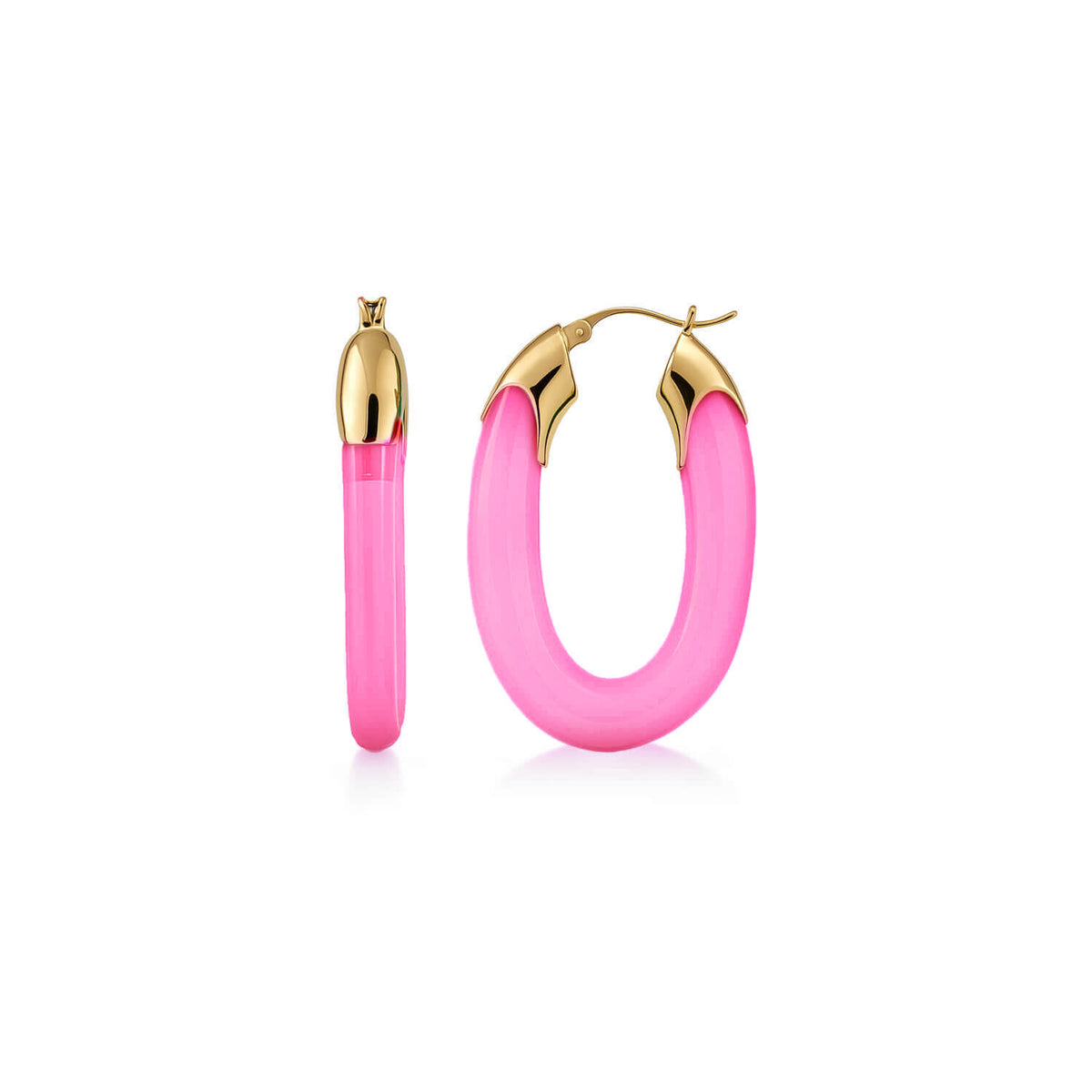Carved Oval Lucite Birthstone Hoop Earrings in Pink Tourmaline
